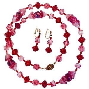 Vintage Mid Century Glass Bead Necklace Earring Set 1960s Red Pink Lampwork